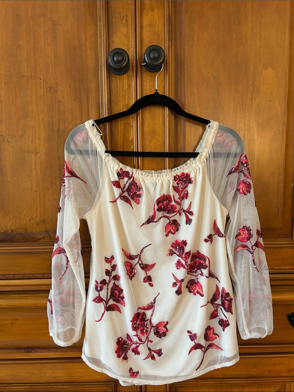 White House Black Market Ivory Mesh Peasant Top with Sparkly Floral  Embroidery.